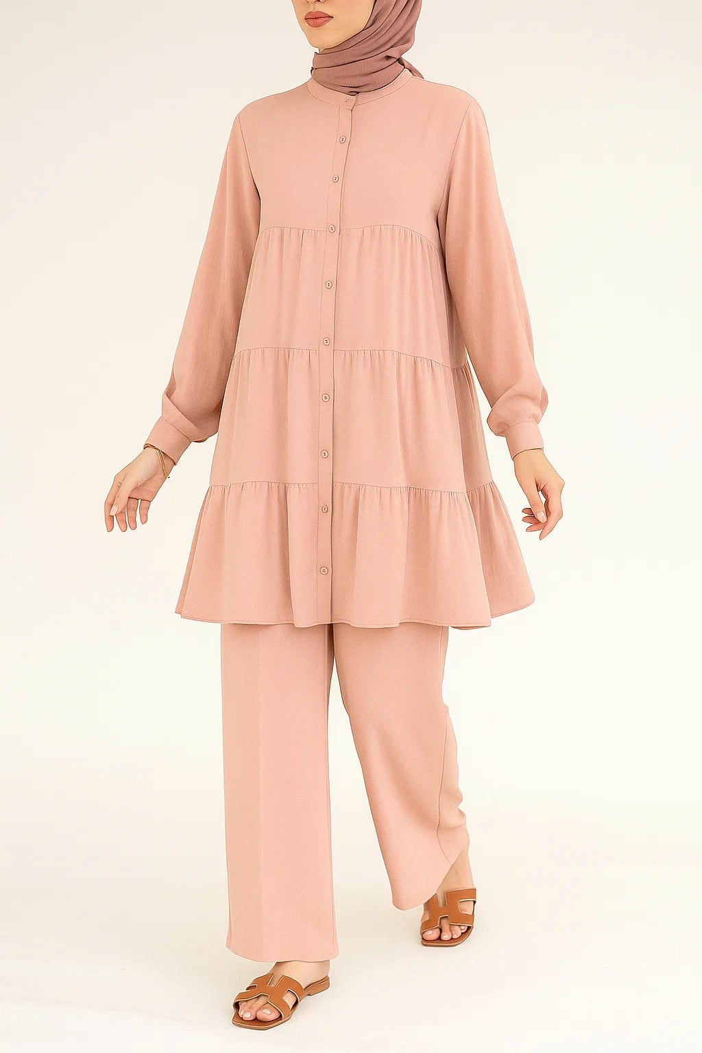 Nude Pink Button Tiered Coord Set