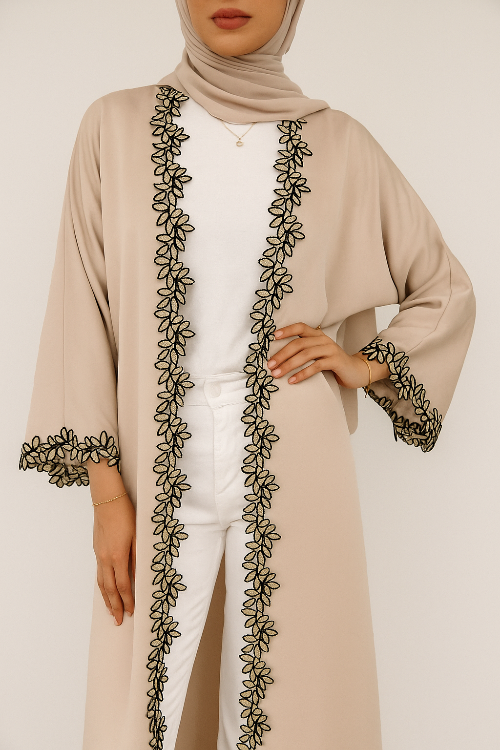 Beige fancy lace abaya