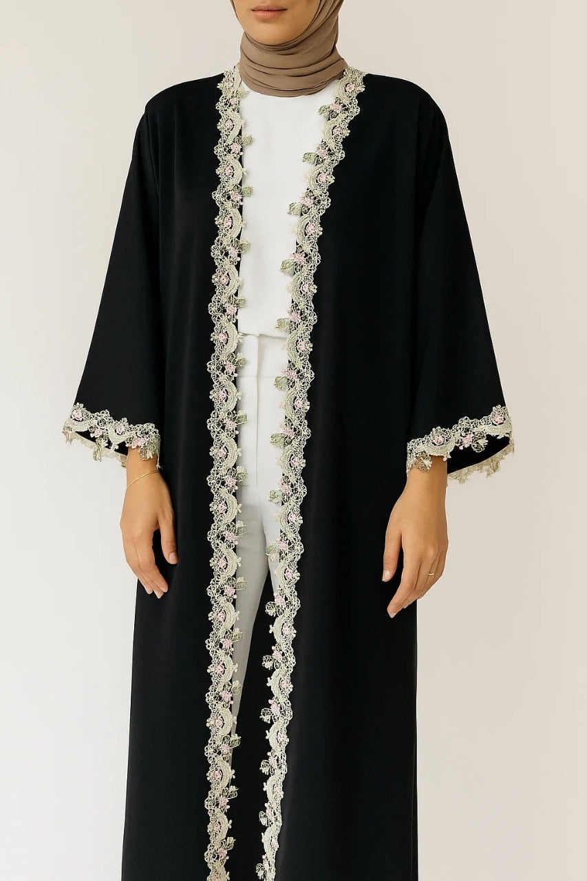 Black floral fancy lace abaya