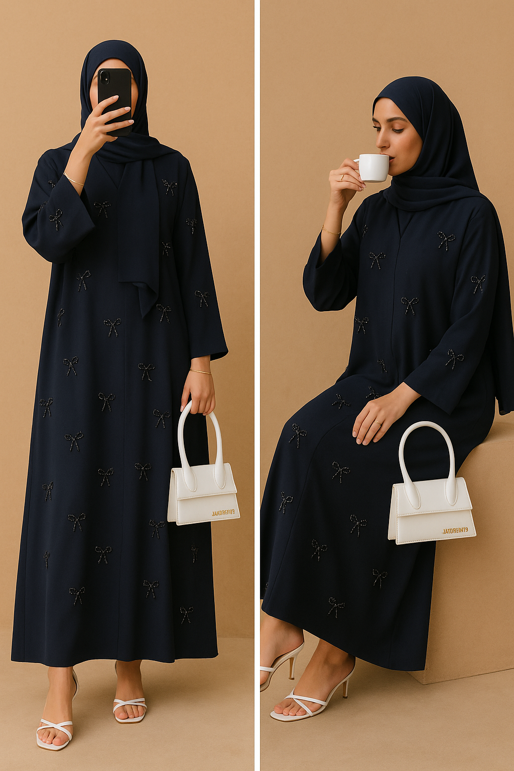 Navy blue Pearl Bow Abaya
