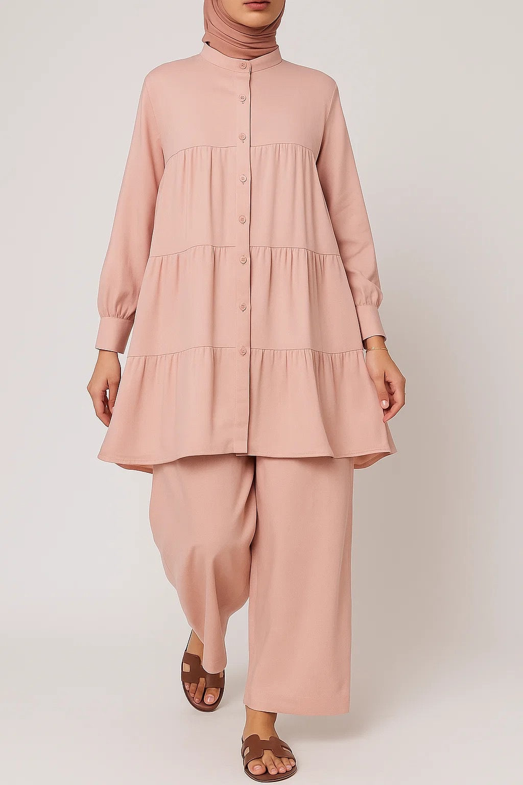 Nude Pink Button Tiered Coord Set