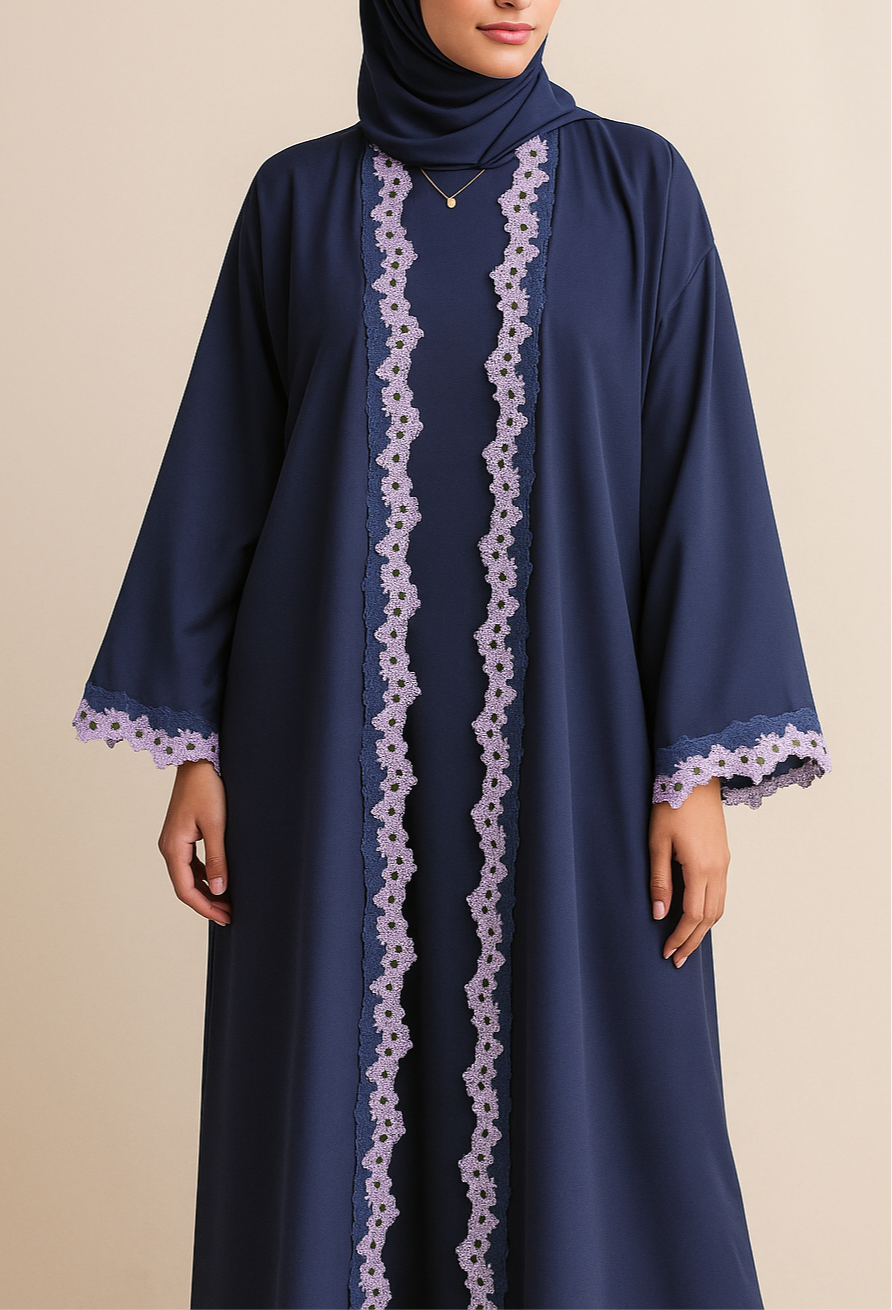 Blue Embroidered lace abaya