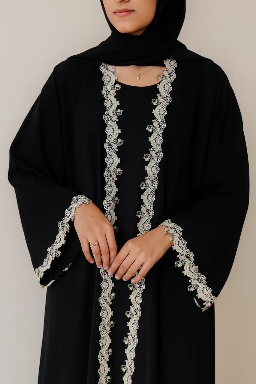 Black floral fancy lace abaya