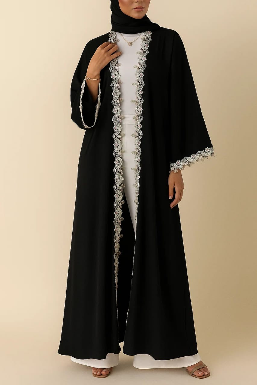 Black floral fancy lace abaya