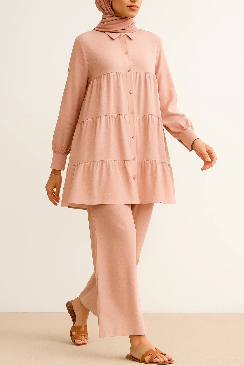 Nude Pink Button Tiered Coord Set
