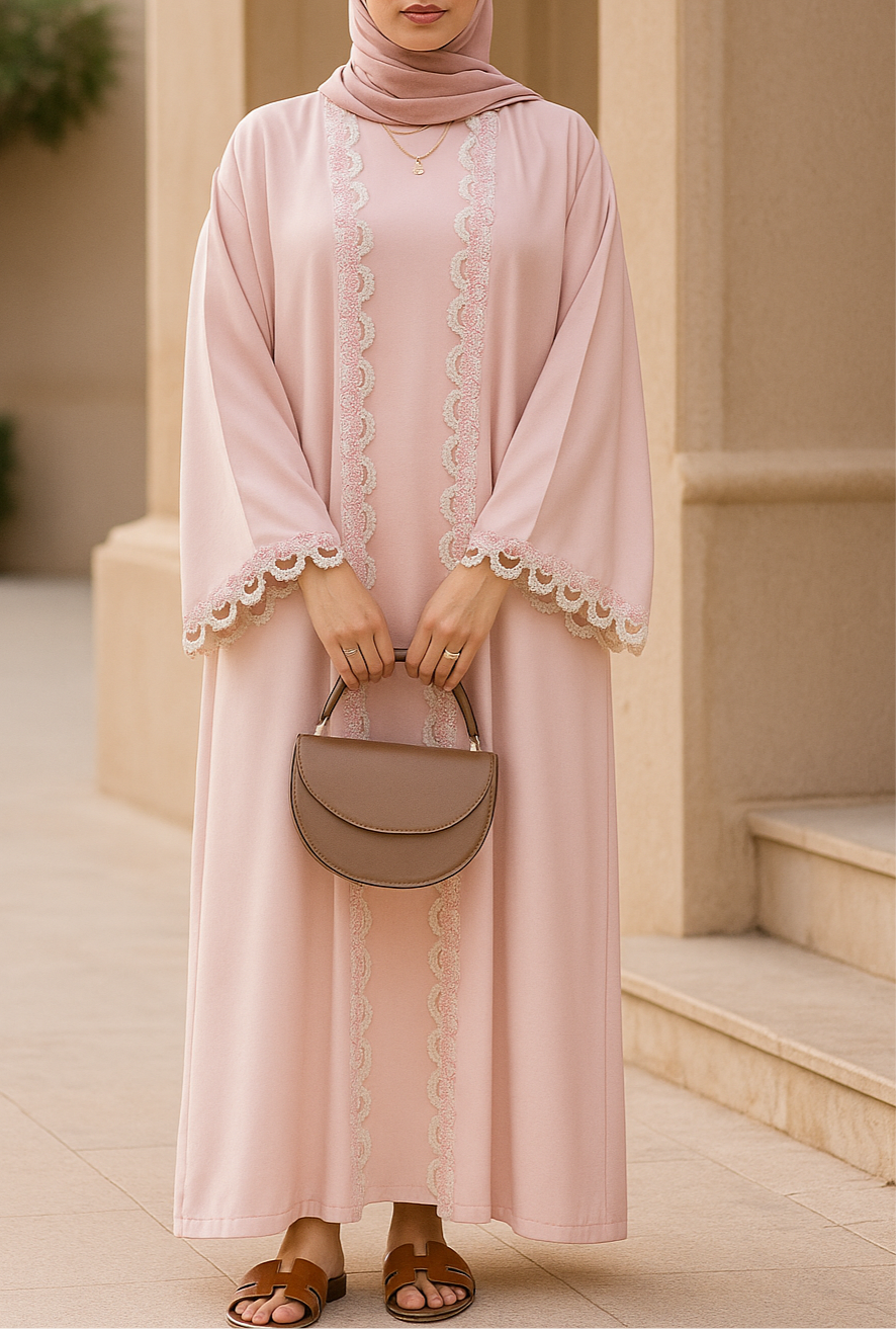 Pink Embroidered lace abaya