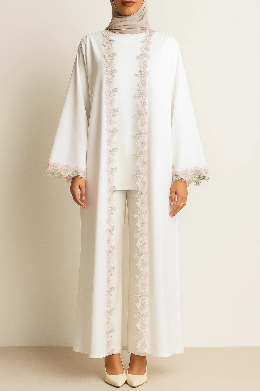 White fancy lace abaya