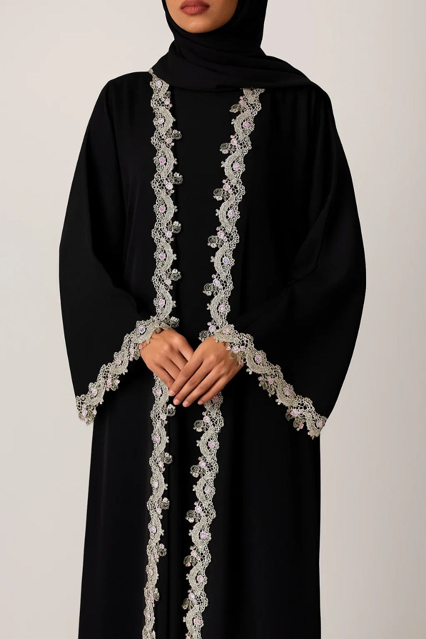 Black floral fancy lace abaya