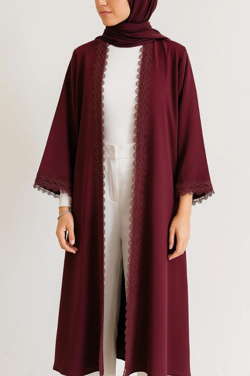 Maroon fancy lace abaya