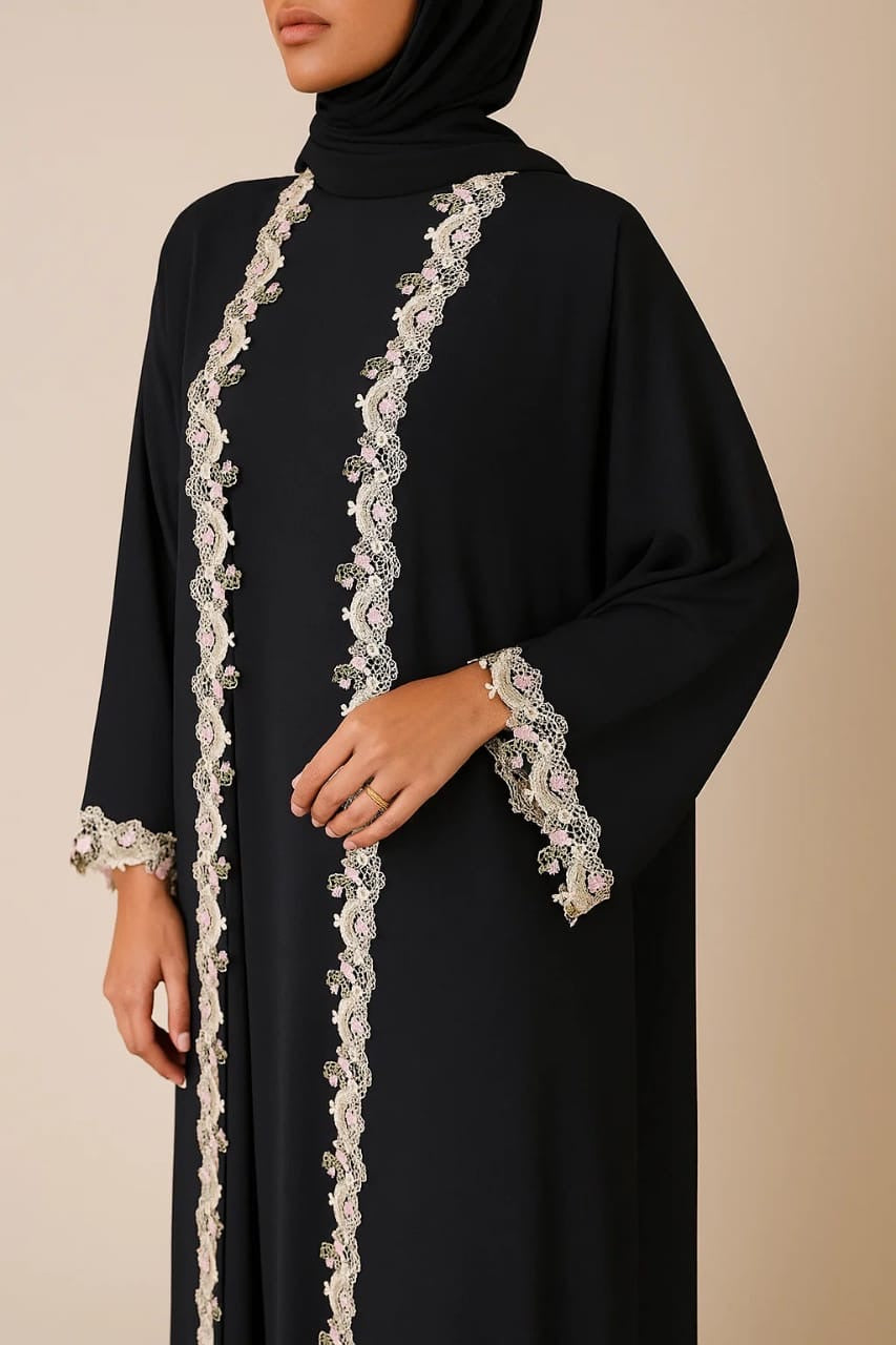 Black floral fancy lace abaya