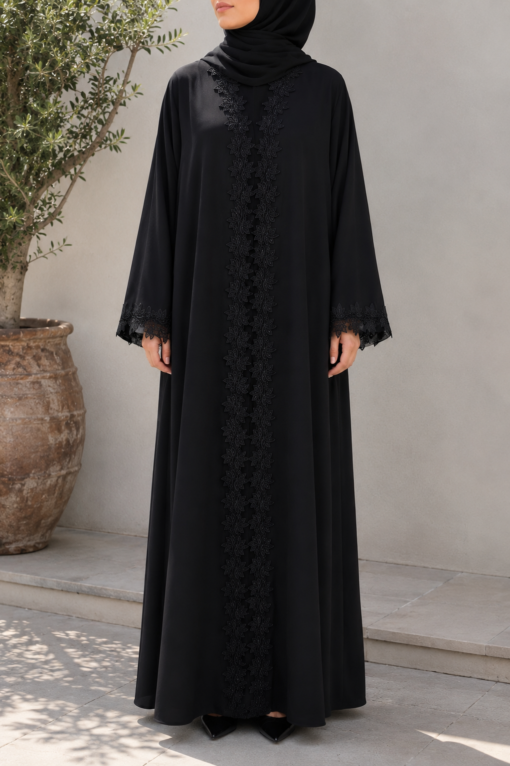 Obsidian Bloom lace abaya E19M