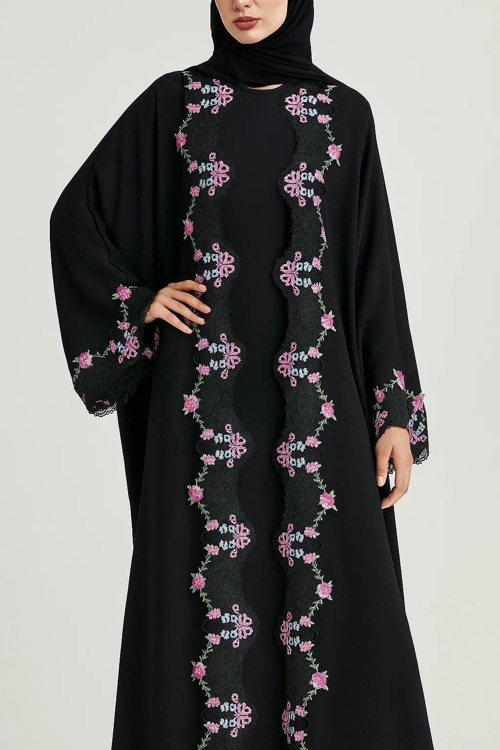 Black board fancy lace abaya