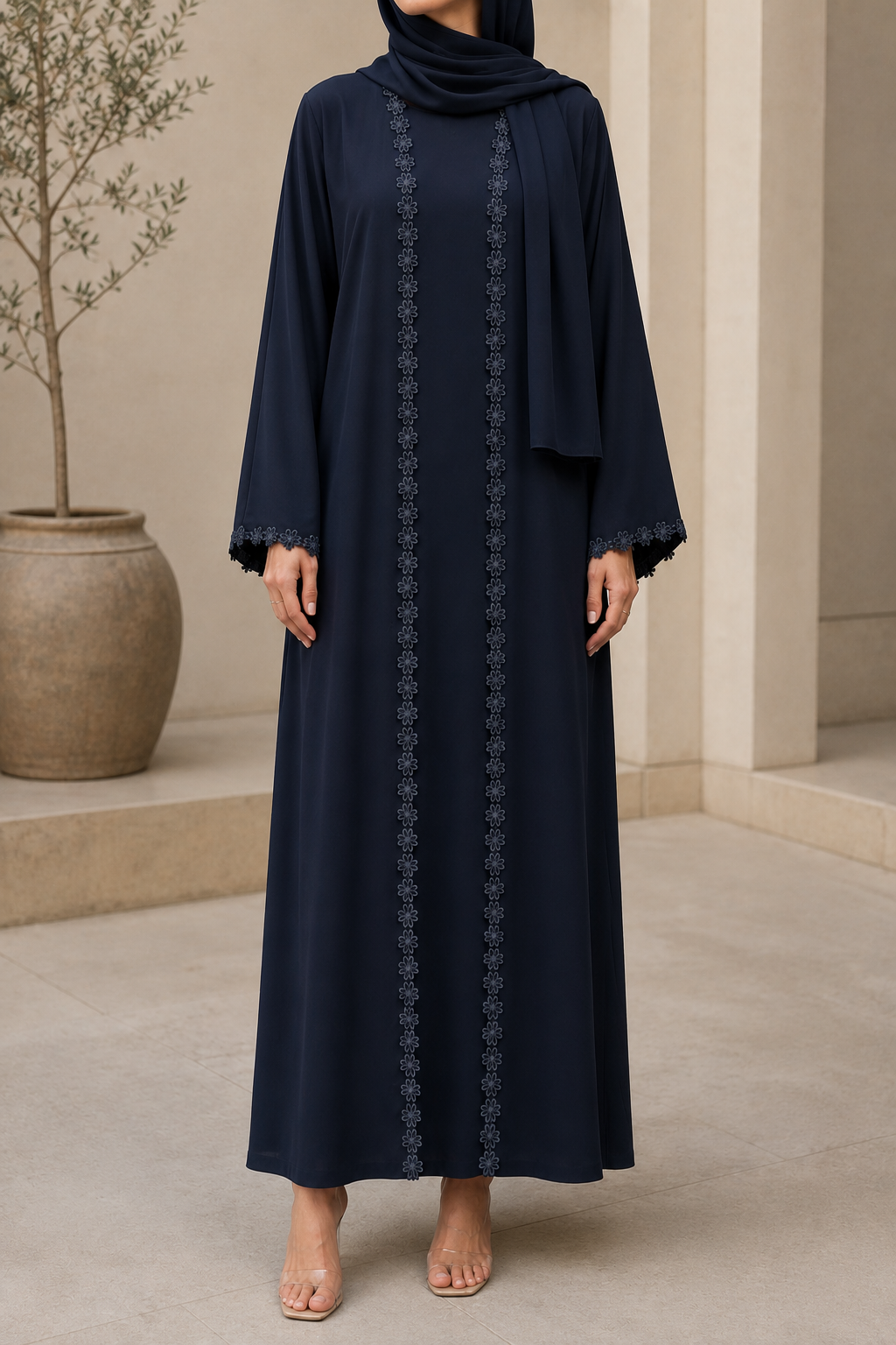 Midnight black fancy lace abaya