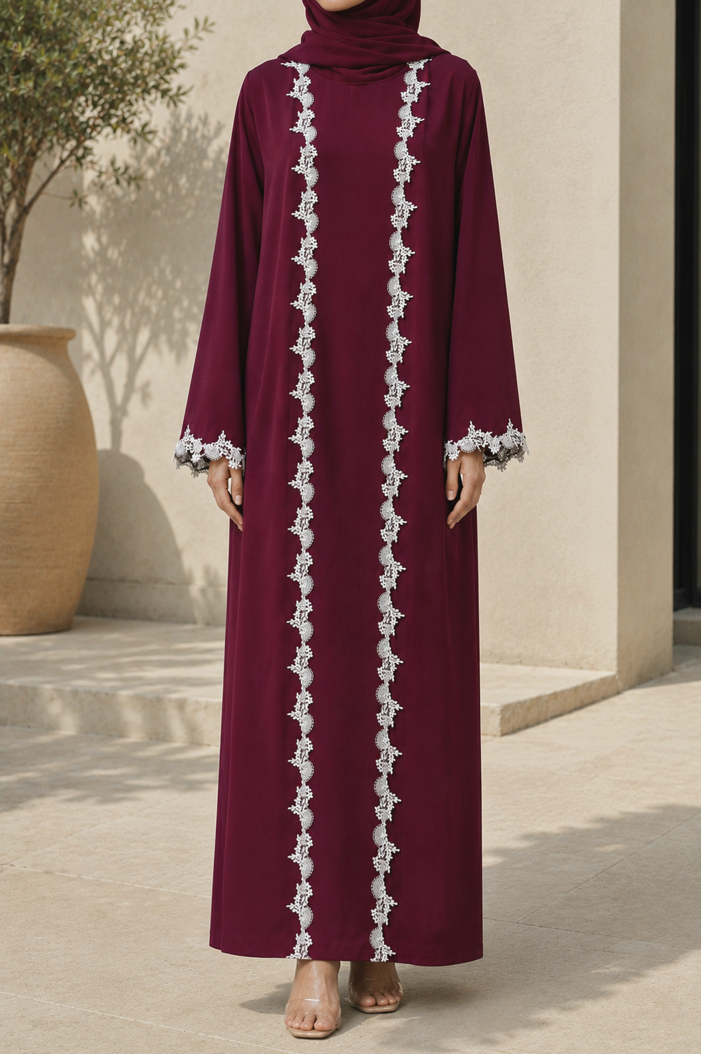 Deep wine Fancy Lace Abaya (03)