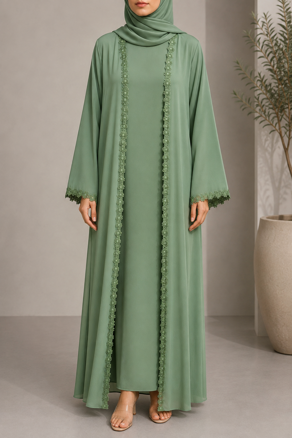 Green fancy lace abaya