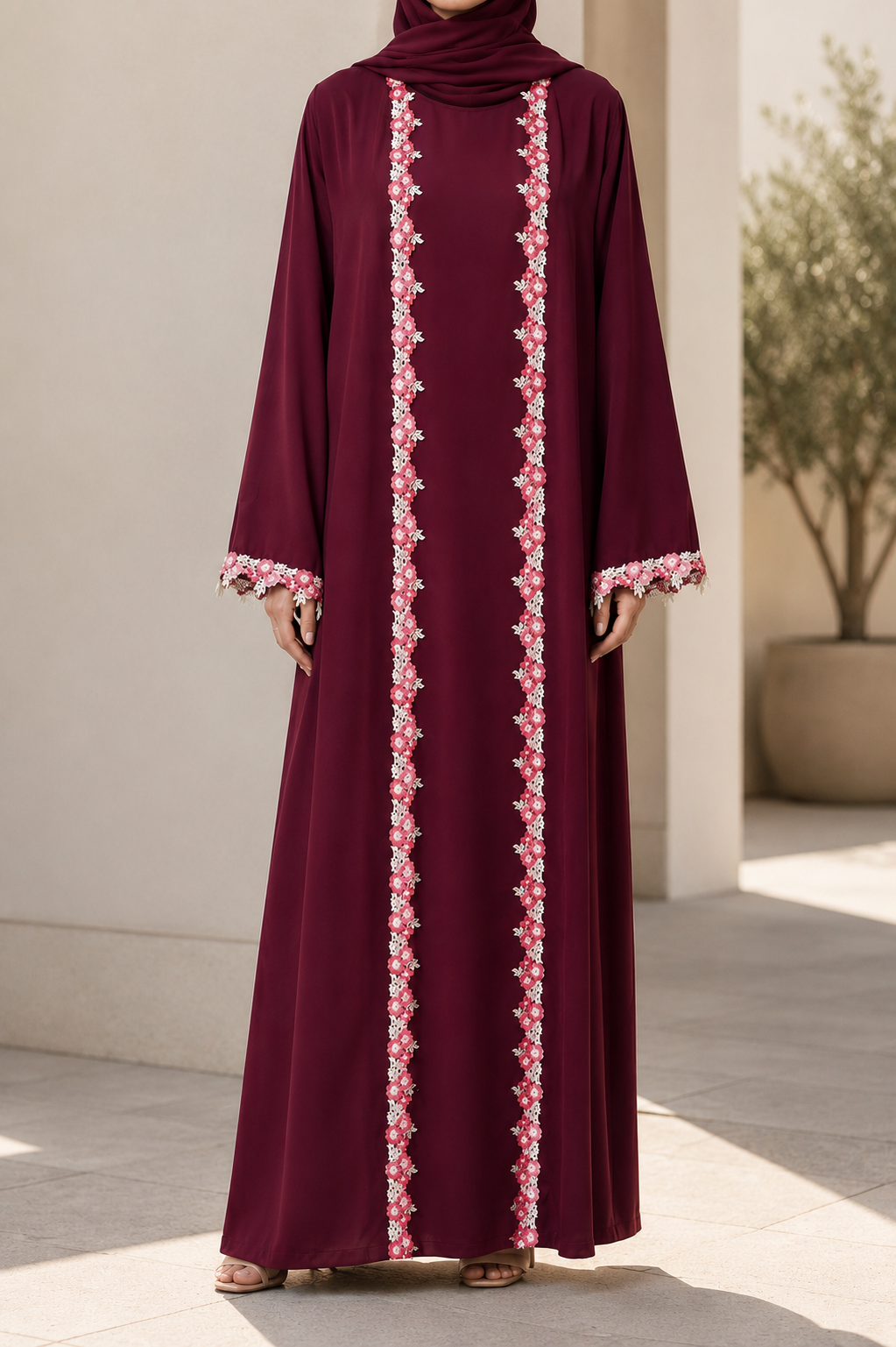 Crimson maroon fancy lace abaya