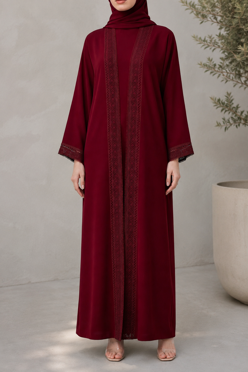 Maroon Fancy Lace Abaya (02)