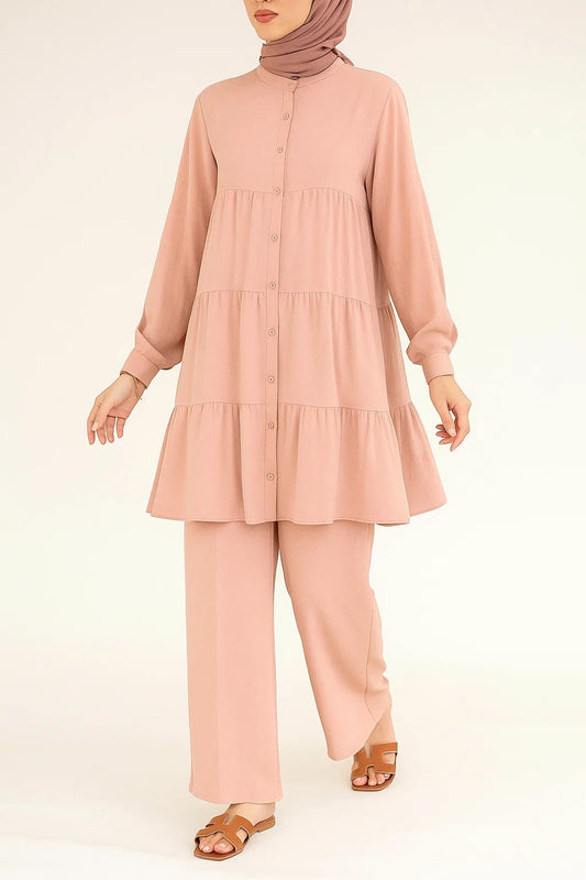 Nude Pink Button Tiered Coord Set