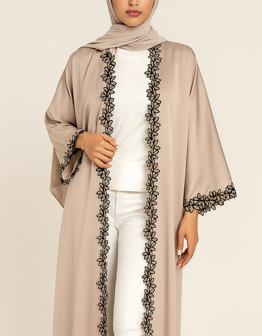 Beige fancy lace abaya