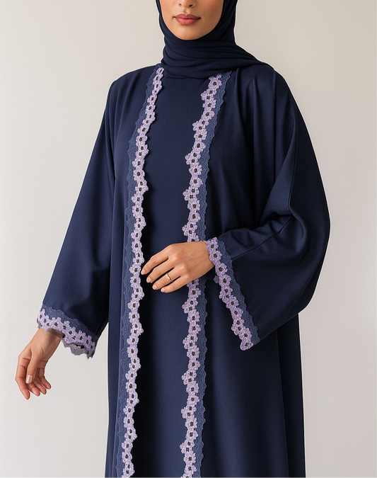 Blue Embroidered lace abaya