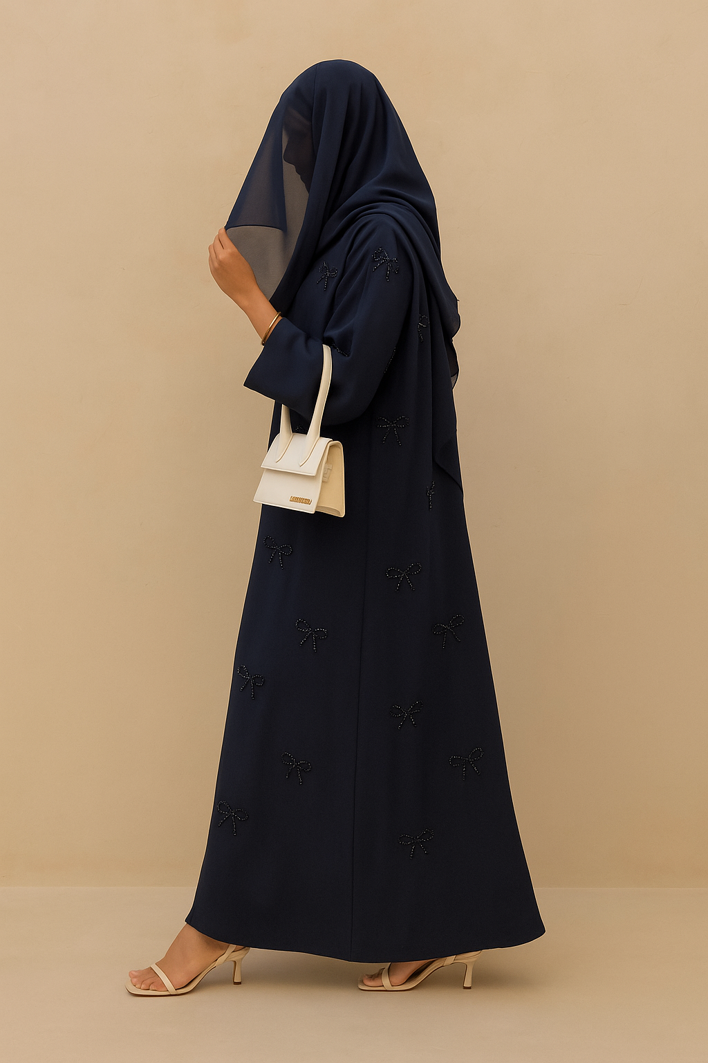 Navy blue Pearl Bow Abaya