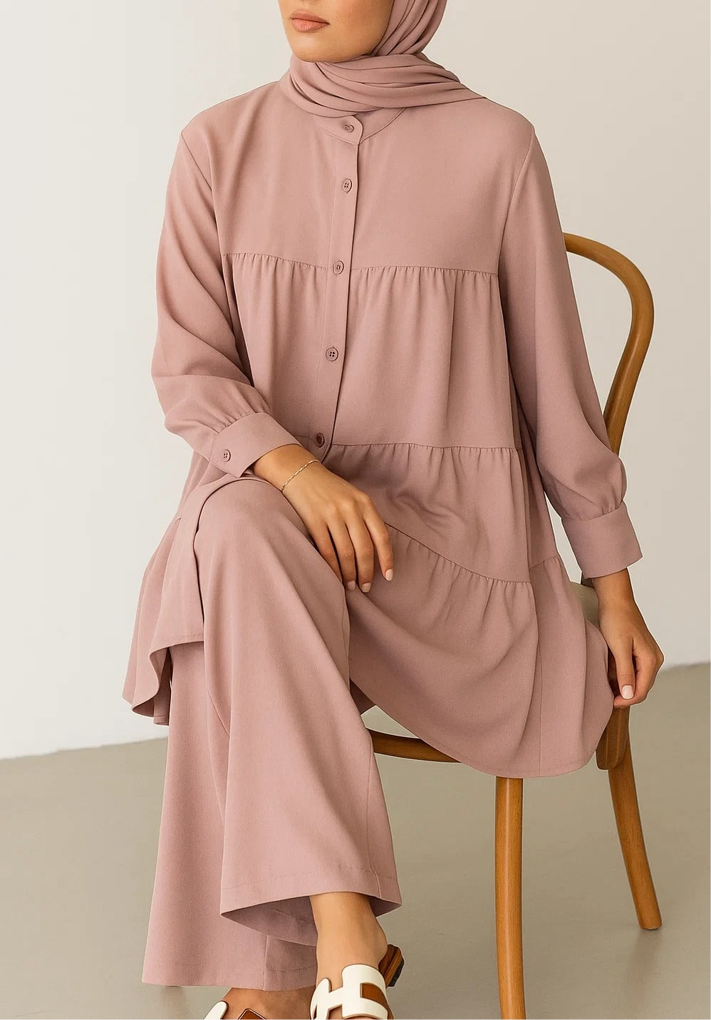 Nude Pink Button Tiered Coord Set