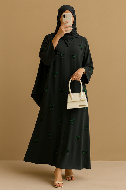 Emerald Green Pearl Bow Abaya