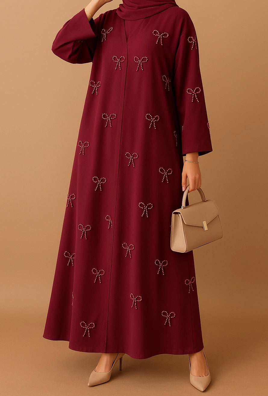 Maroon Pearl Bow Abaya
