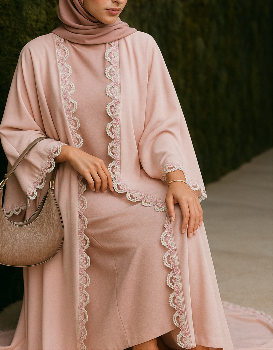 Pink Embroidered lace abaya