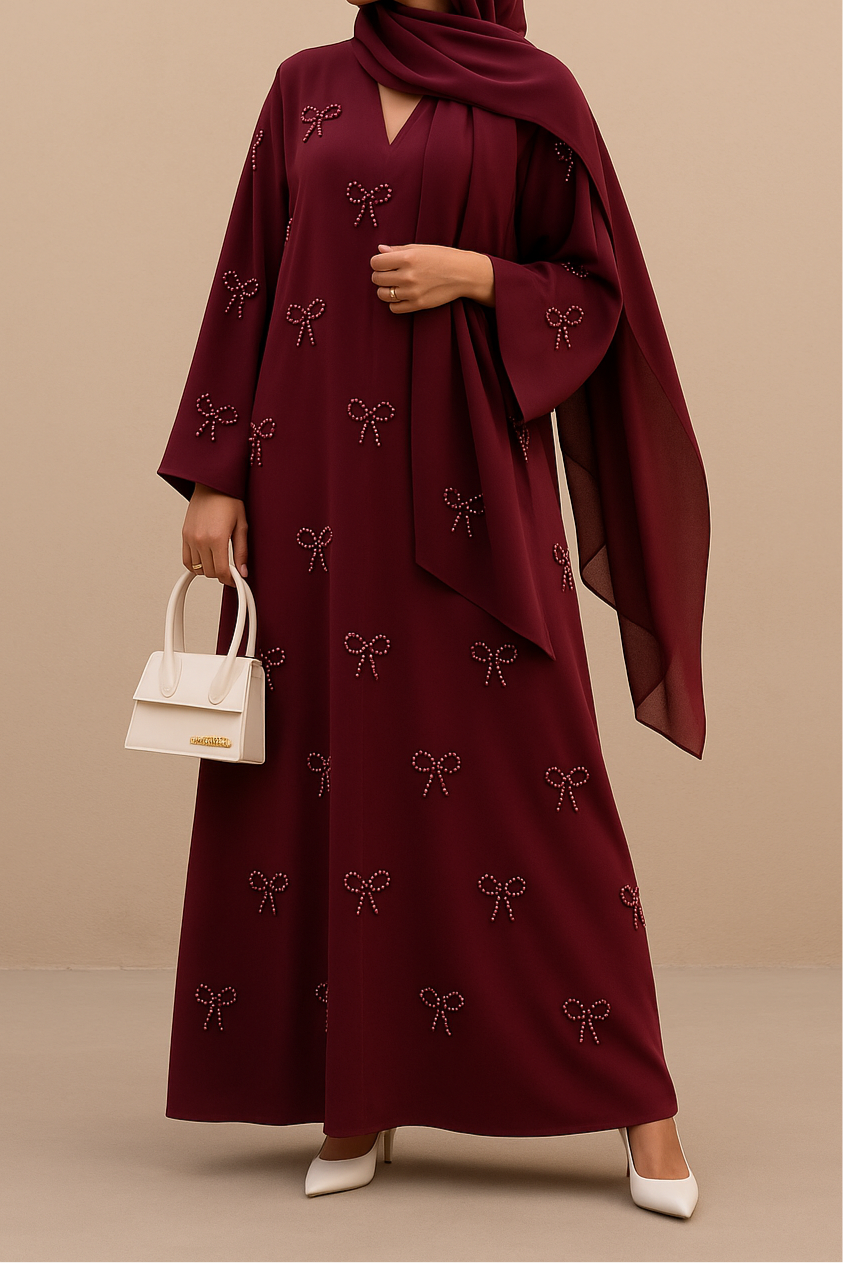 Maroon Pearl Bow Abaya