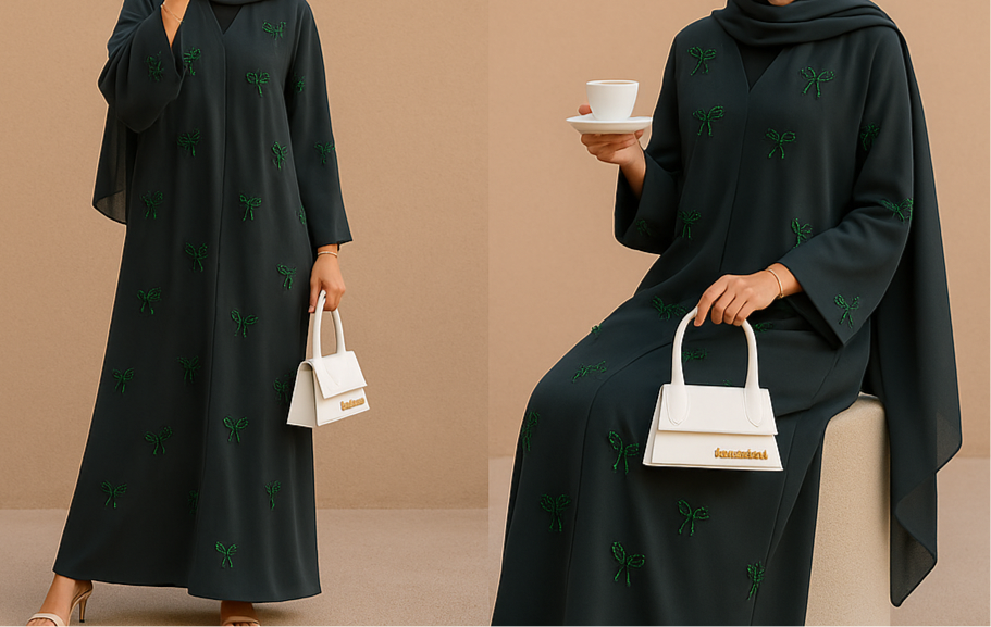 Emerald Green Pearl Bow Abaya