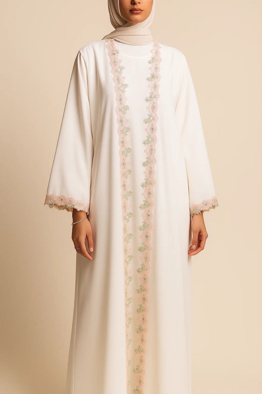 White fancy lace abaya