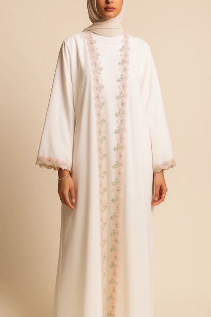 White fancy lace abaya
