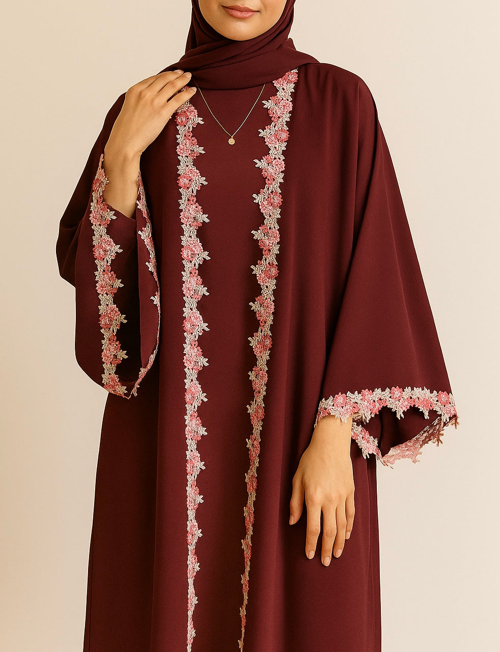Cherry red fancy lace abaya