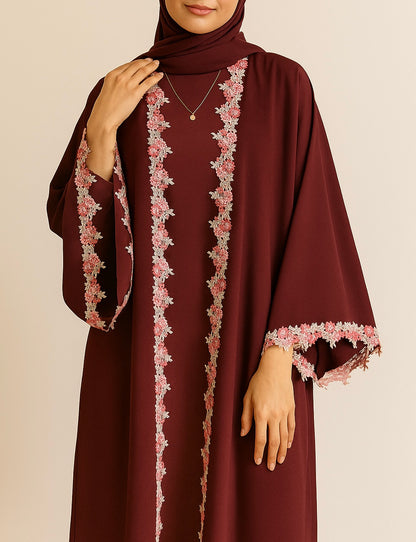 Cherry red fancy lace abaya