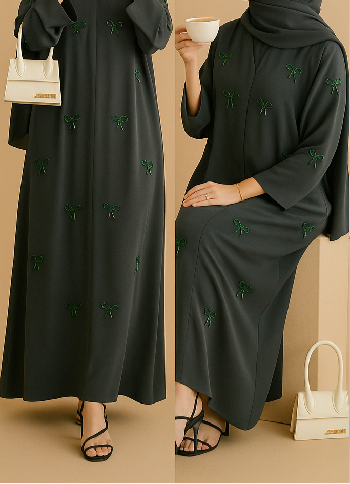 Emerald Green Pearl Bow Abaya