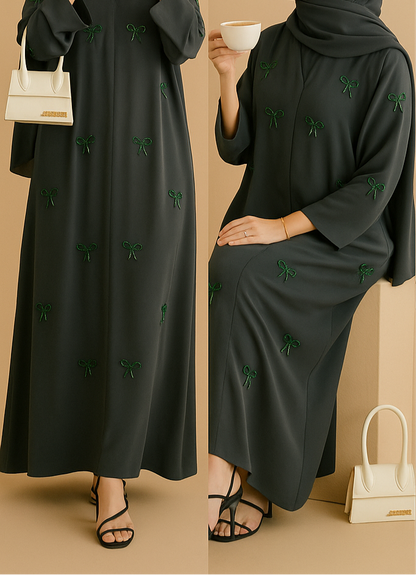 Emerald Green Pearl Bow Abaya