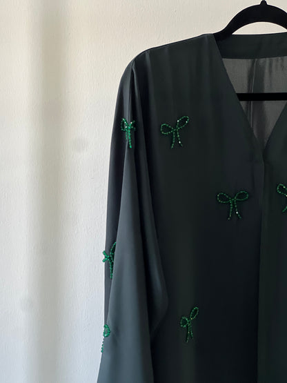Emerald Green Pearl Bow Abaya