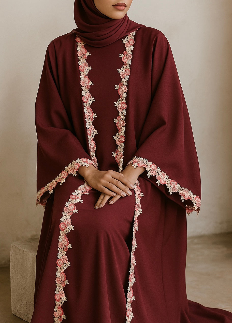 Cherry red fancy lace abaya