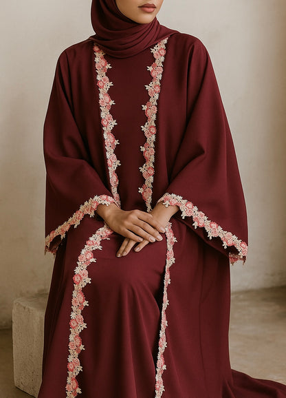 Cherry red fancy lace abaya