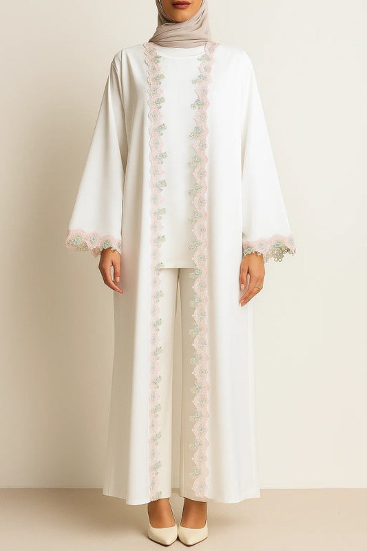 White fancy lace abaya