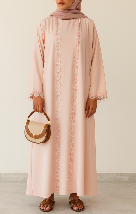 Pink Embroidered lace abaya