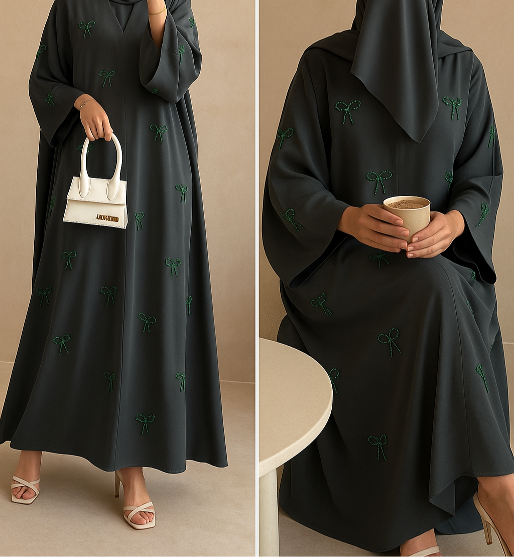 Emerald Green Pearl Bow Abaya