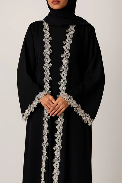 Black floral fancy lace abaya
