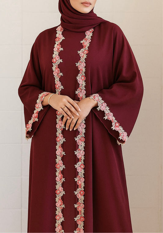 Cherry red fancy lace abaya