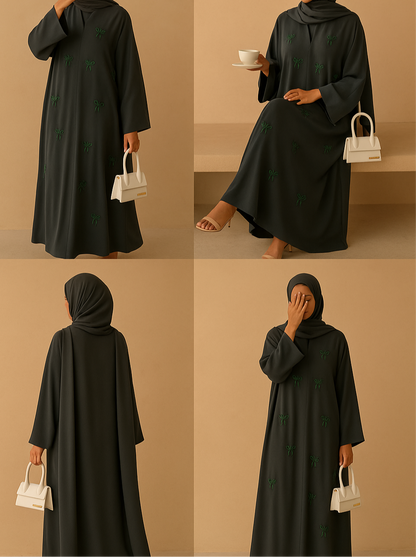 Emerald Green Pearl Bow Abaya
