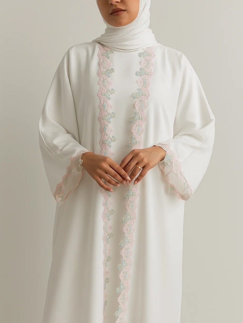 White fancy lace abaya