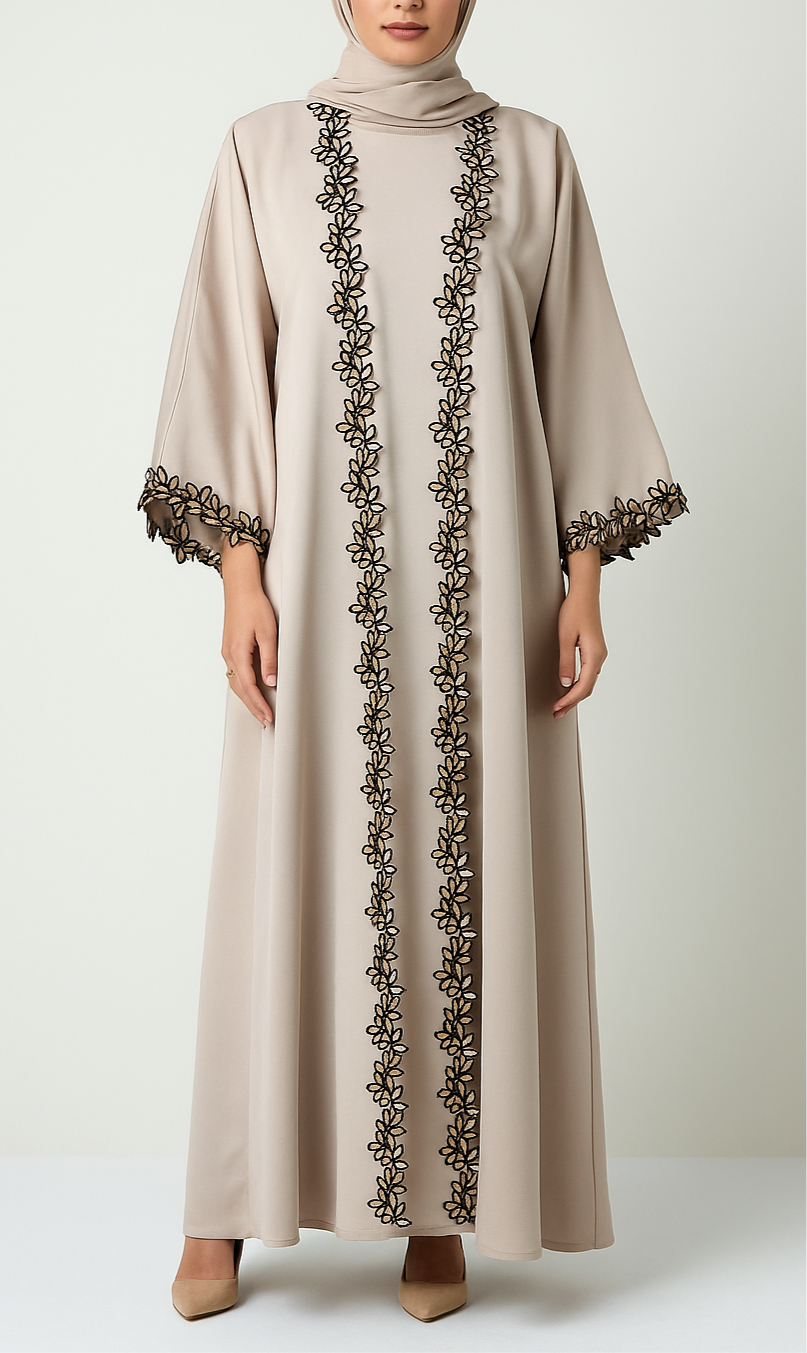 Beige fancy lace abaya