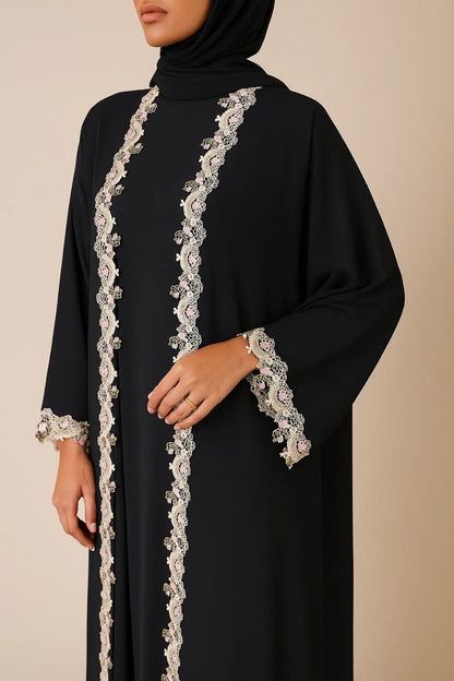 Black floral fancy lace abaya