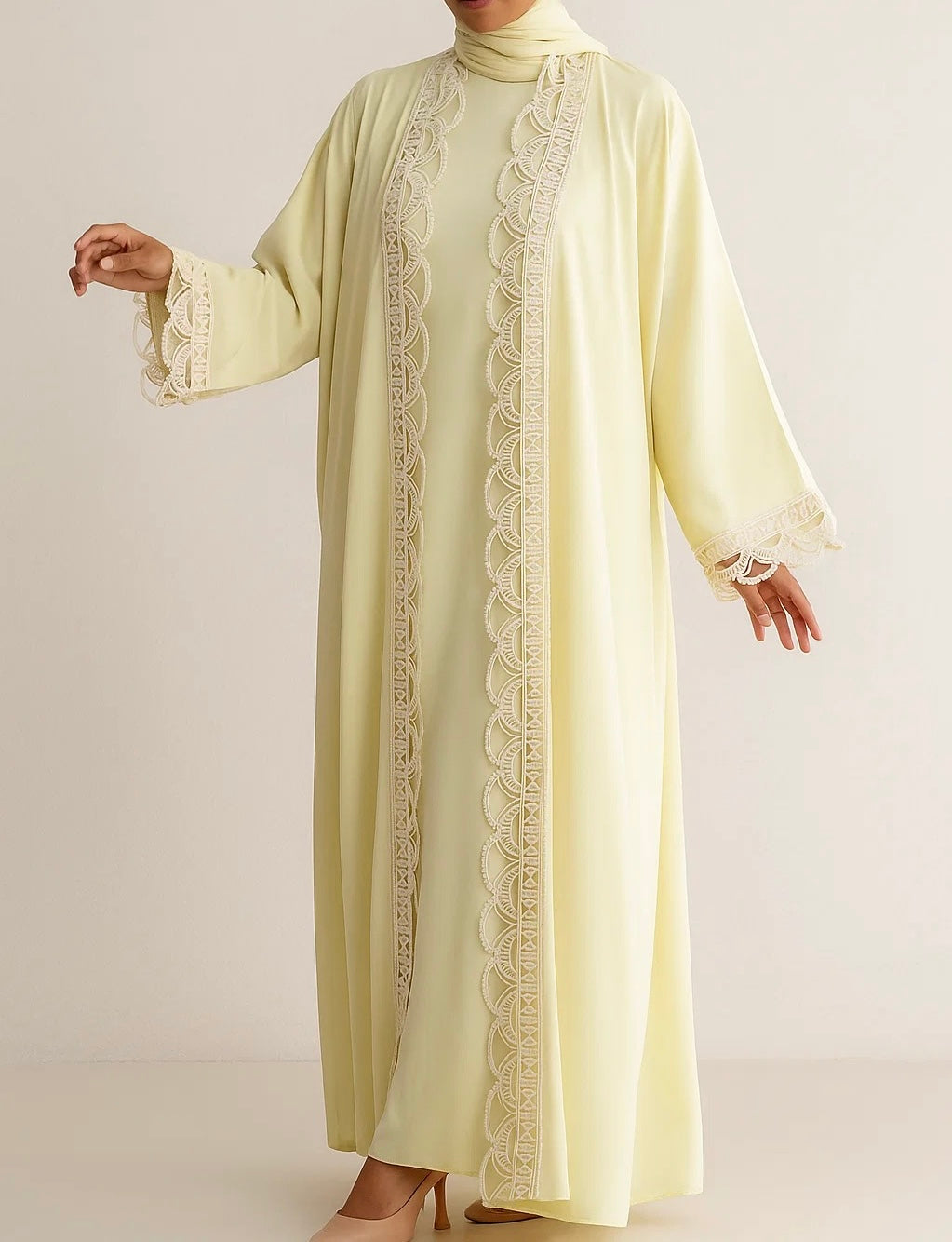 Butter yellow fancy lace abaya